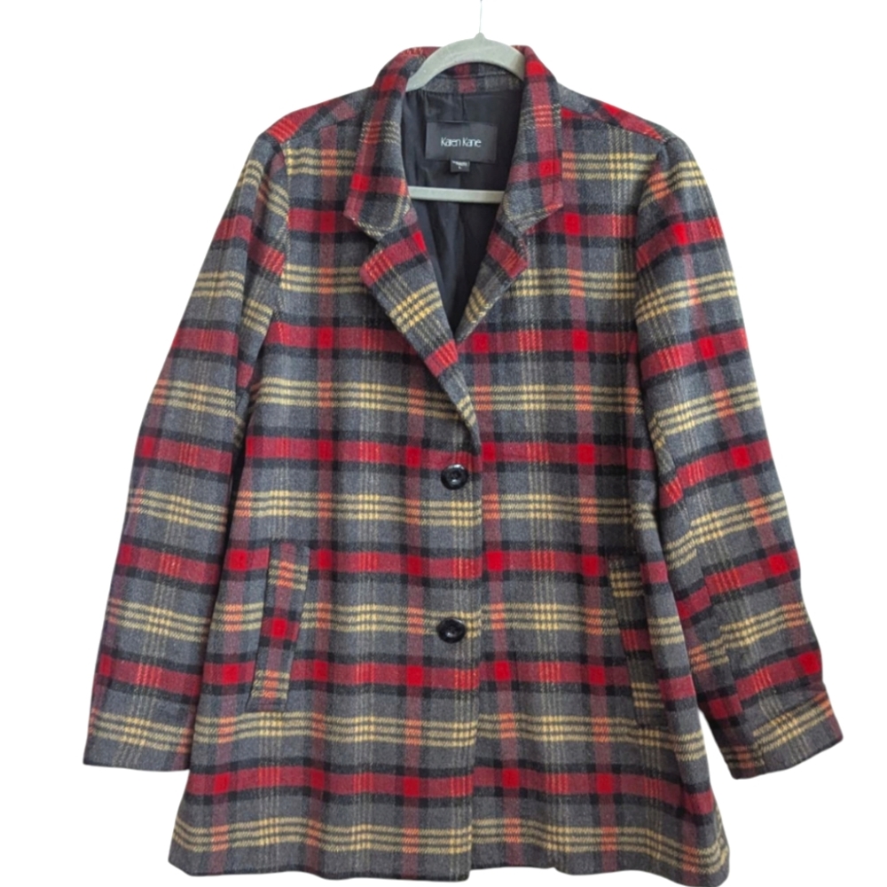 Vintage Karen Kane Red Wool Blend Plaid Coat Jacket Size Large Pockets Lined